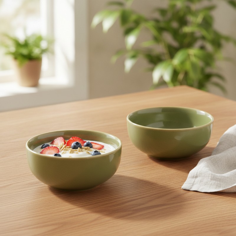 Harvest Harmony Ceramic Snack Bowls (Green/200 mL) - Set of Two - Size