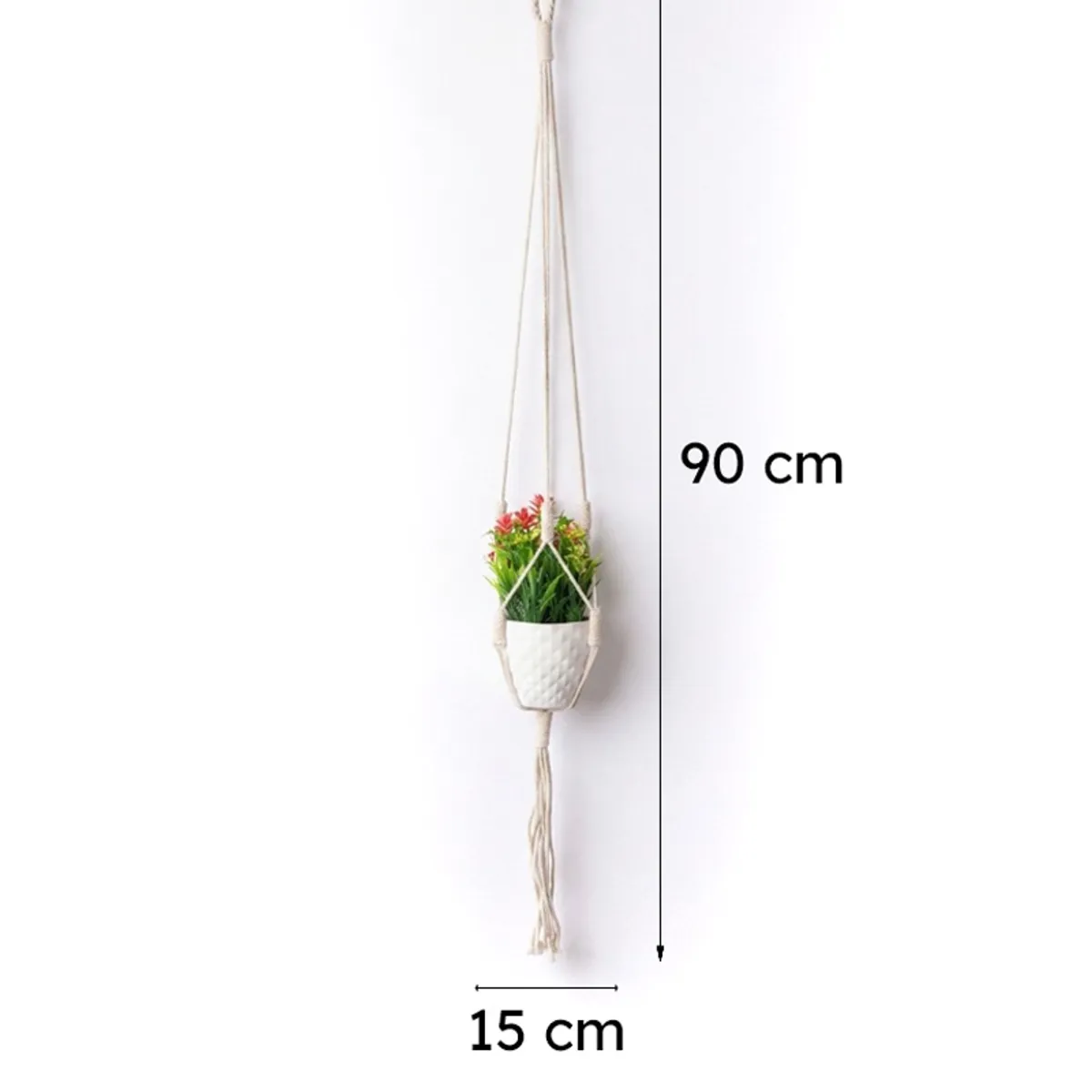 White hanging macrame planter shown with 90 cm height and 15 cm width markers