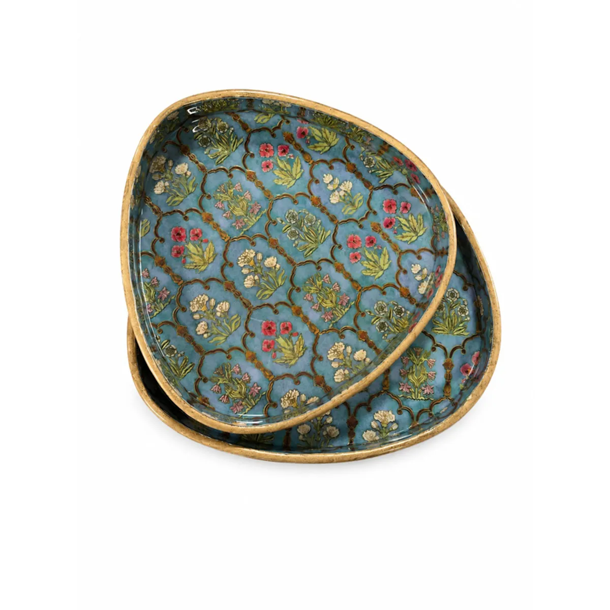 Two nesting blue floral trays shown together against a white background