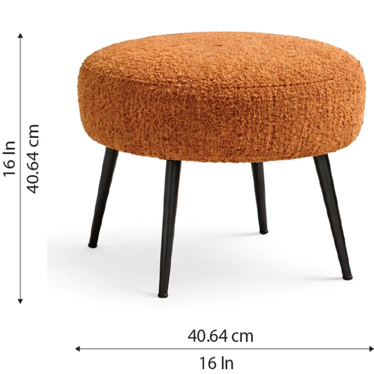 Brown round stool with black legs shown with dimension arrows