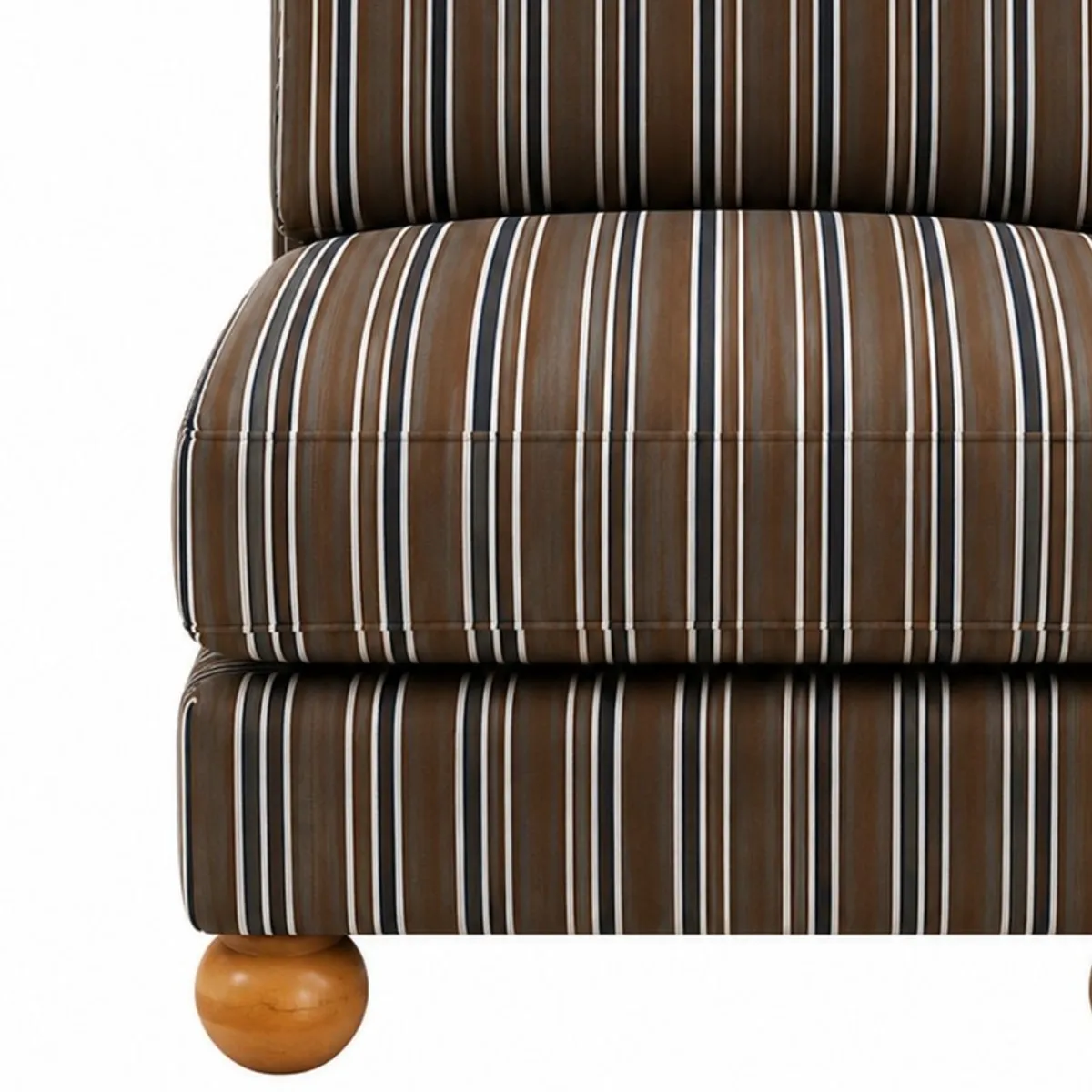 Close-up of brown, black and white striped suede chair upholstery and wooden foot
