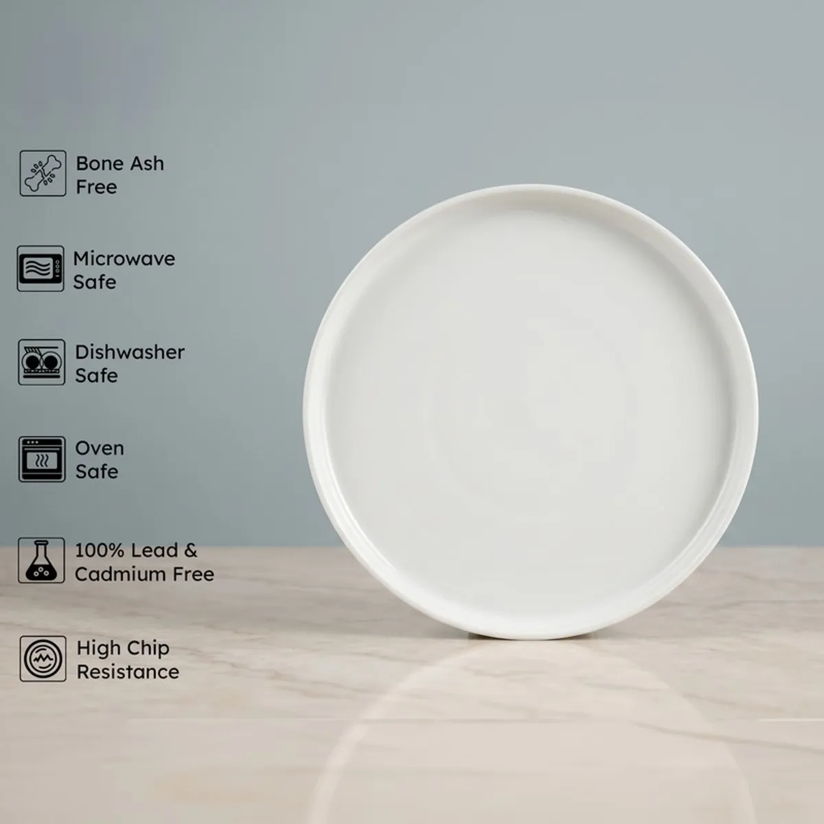 White round quarter plate shown with feature icons on a pale blue backdrop