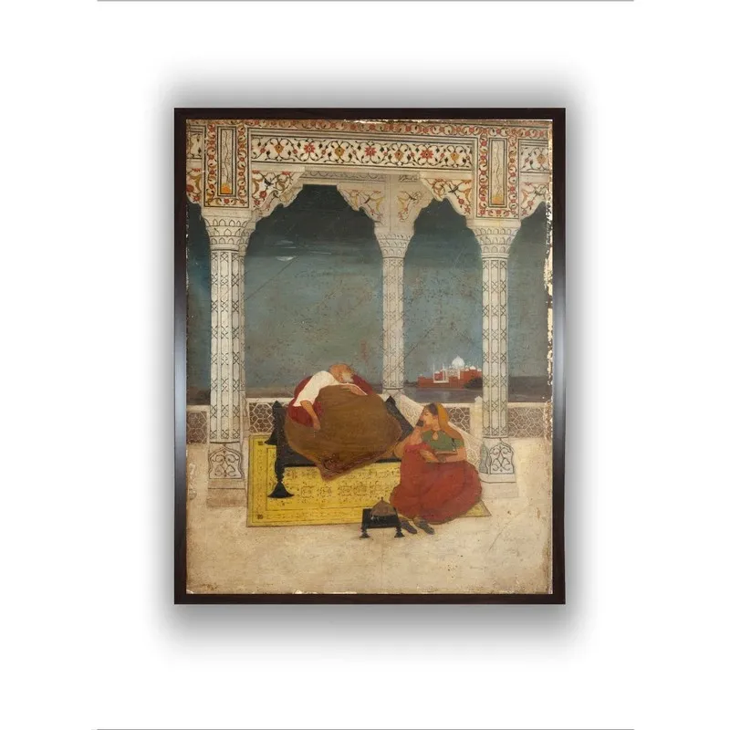 Front view of ornate framed painting with figures in a palace setting