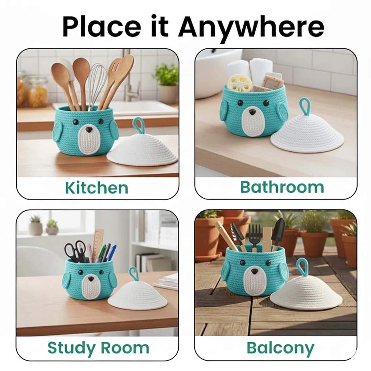 Blue animal-face basket shown holding household items in different room settings