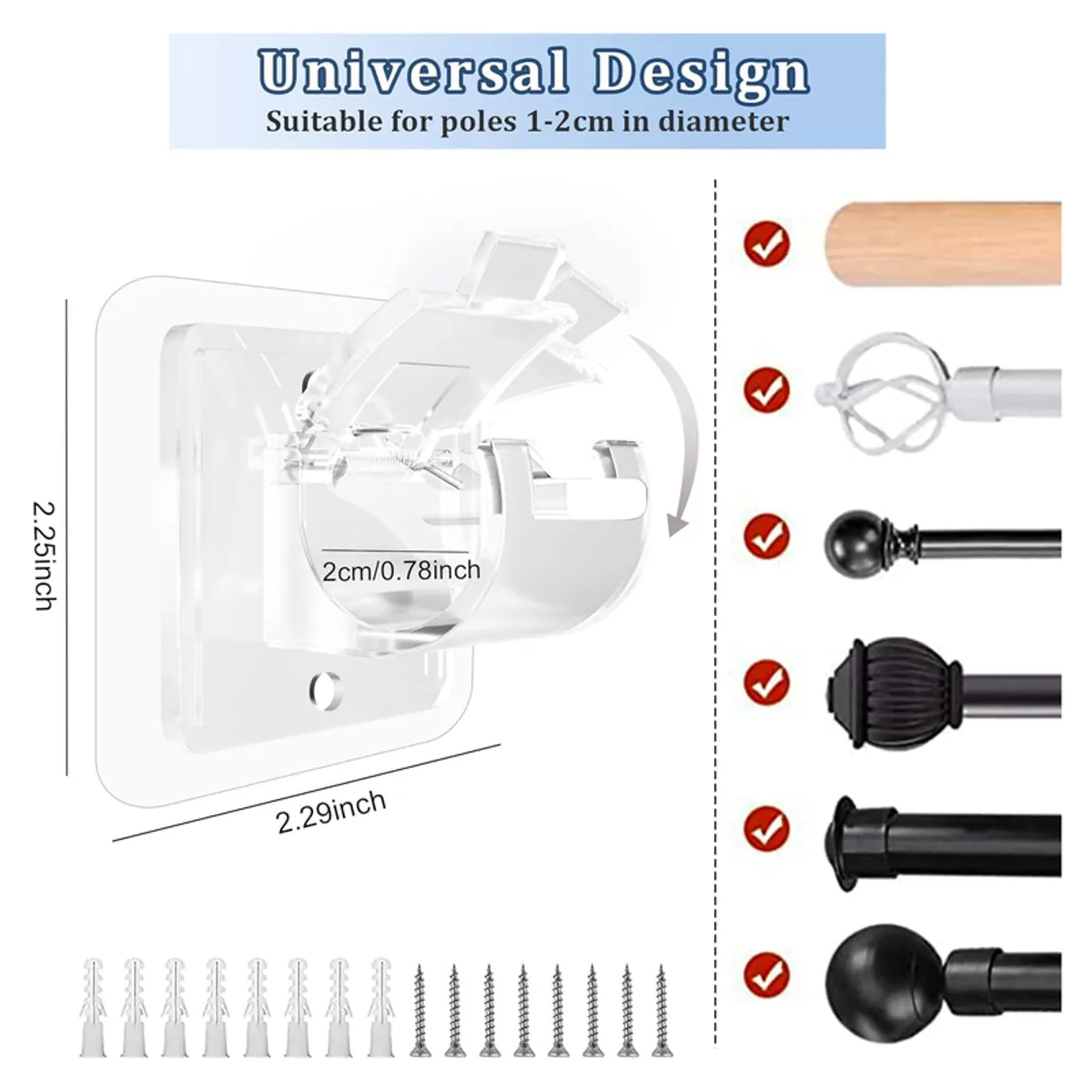 White adjustable curtain holder shown with different curtain rod styles
