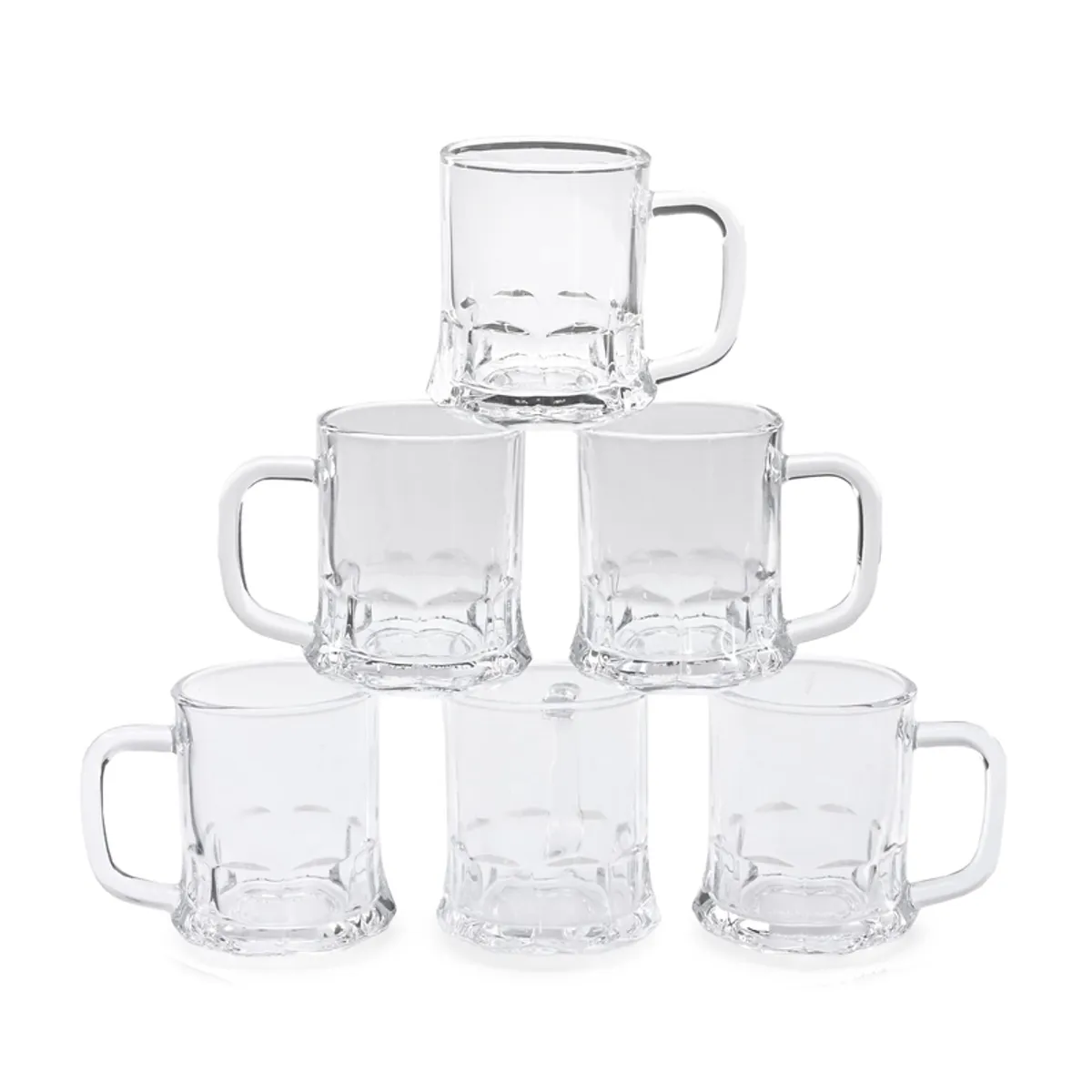 Six transparent glass mugs stacked in a pyramid arrangement.