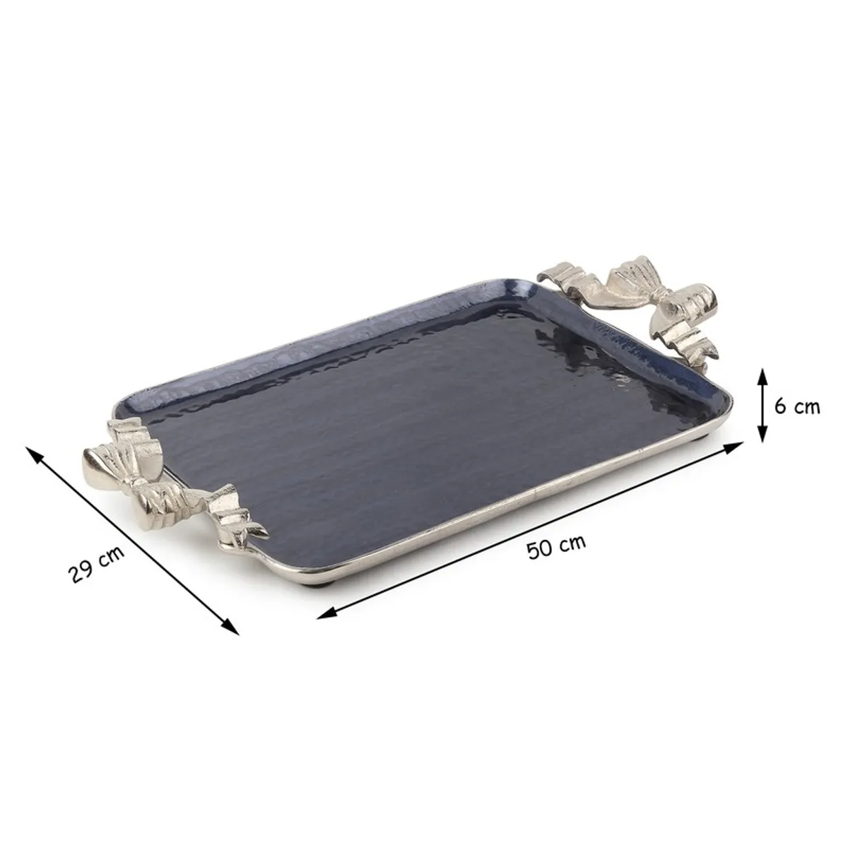 Blue serving tray shown with visible 50 cm, 29 cm and 6 cm dimensions