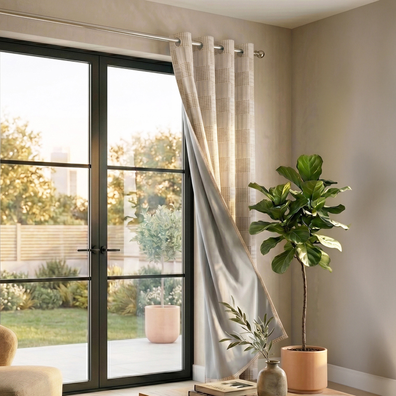 Meya Self Design Cotton Curtains With Lining - Beige - Window - 5 Feet
