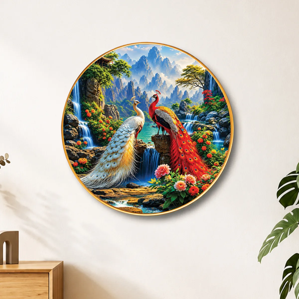 Close view of round peacock wall art with bright landscape and floral details