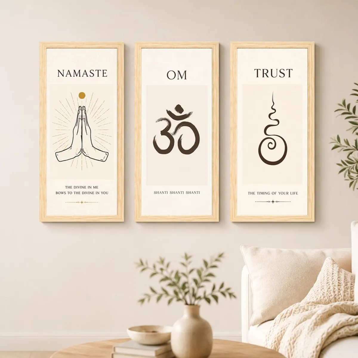 Three framed spiritual wall paintings arranged above a softly styled living room