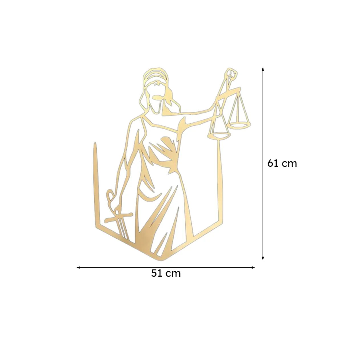 Gold Lady Justice wall accent with dimensions shown