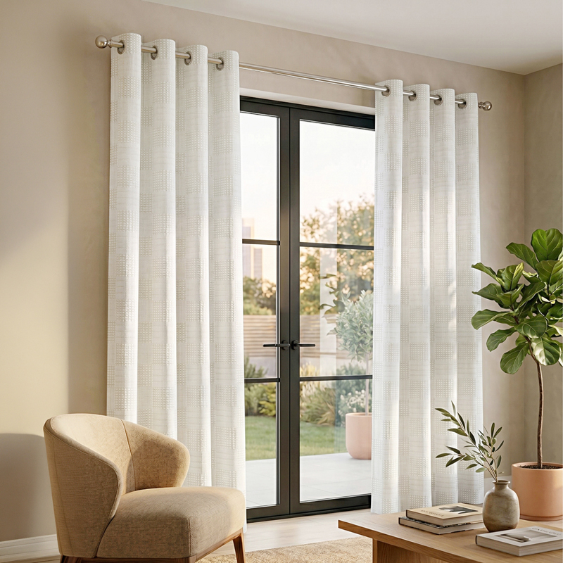 Meya Self Design Cotton Curtains (Ivory) - Set of Two - Window - 5 Feet
