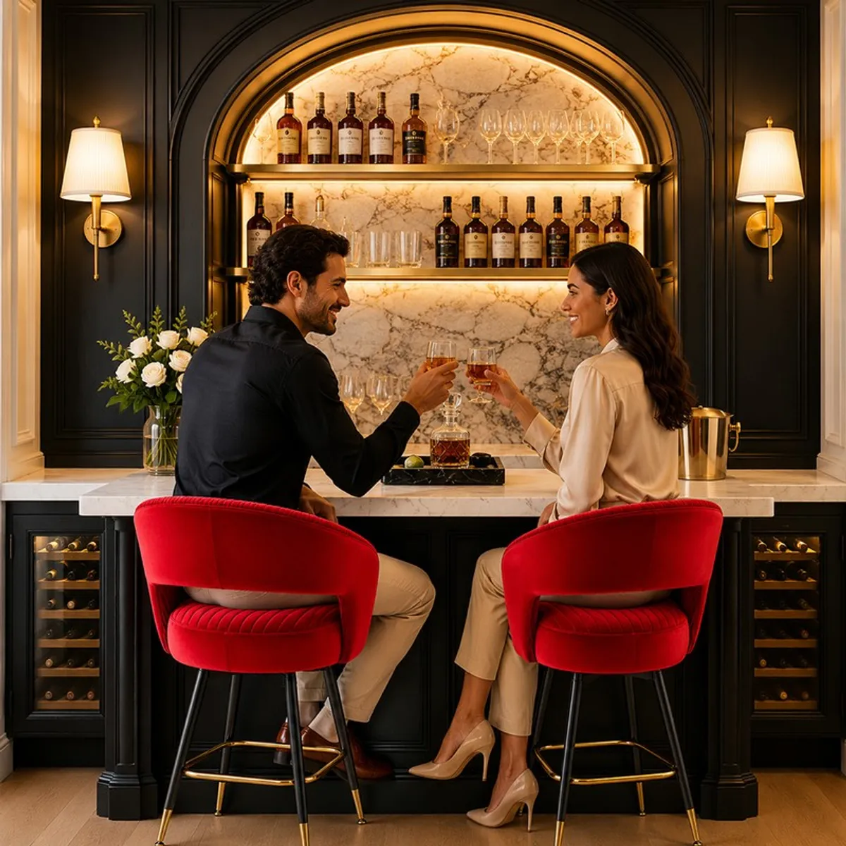 Two red velvet bar stools arranged at a stylish home bar