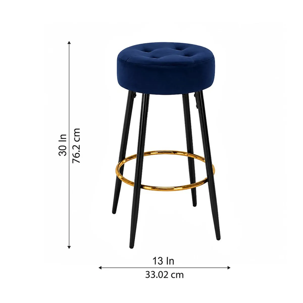 Blue round bar stool with dimension arrows shown on a white background