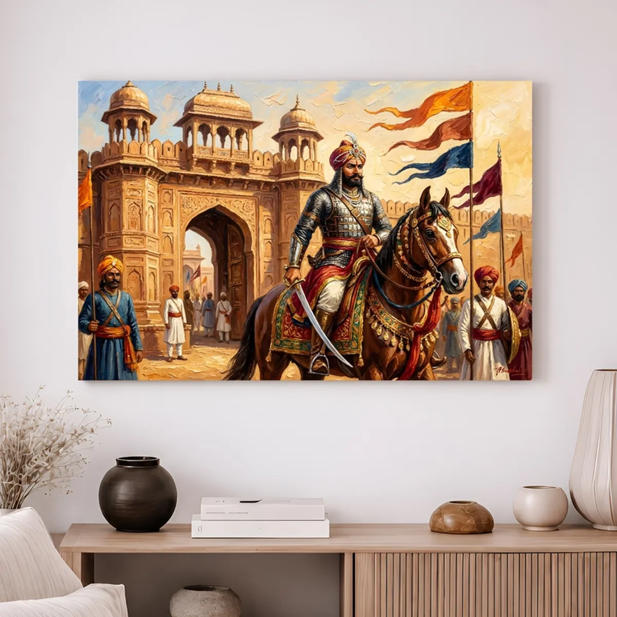 Rajasthani heritage scene with a mounted warrior, palace architecture and vibrant flags