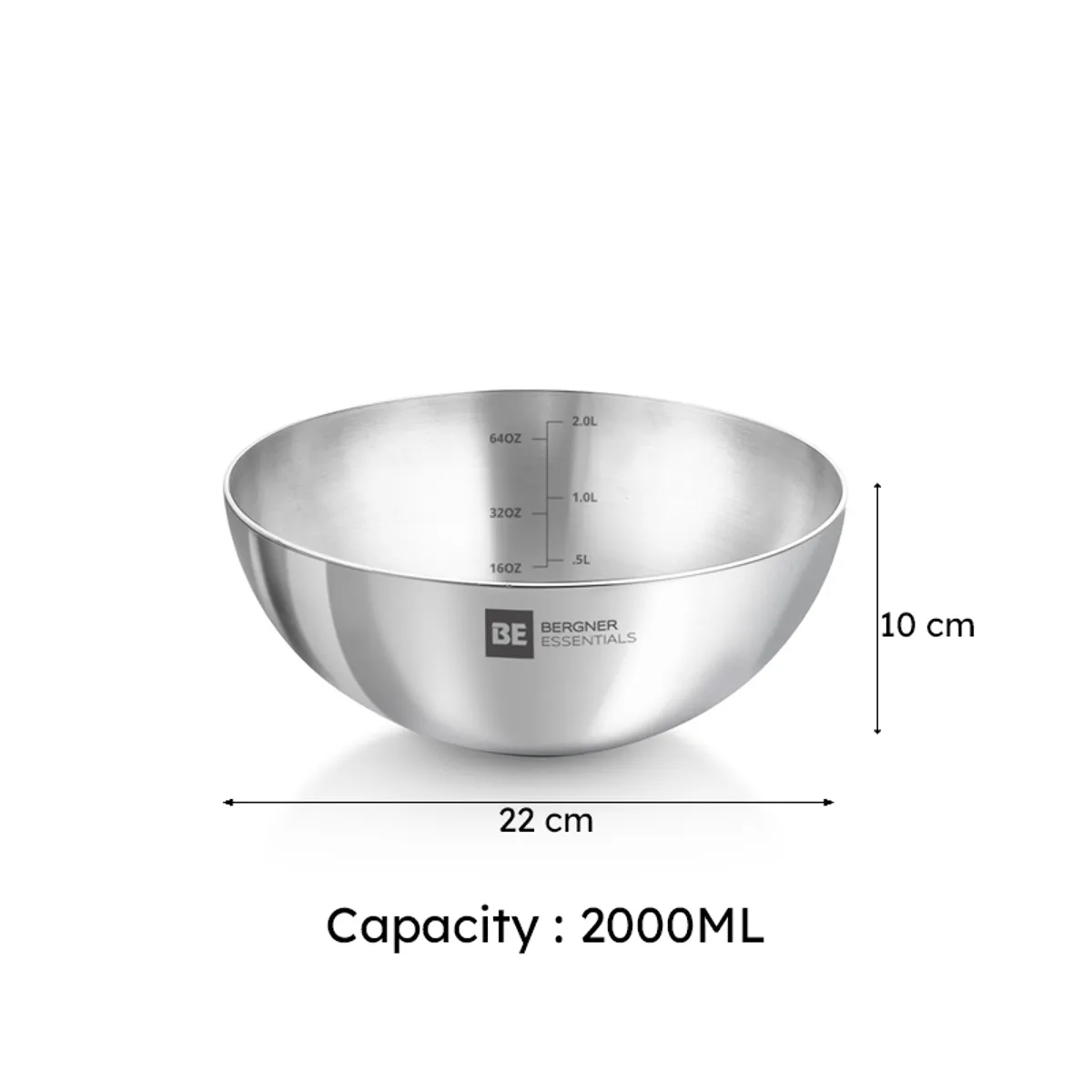 Silver mixing bowl shown with 22 cm width and 10 cm height