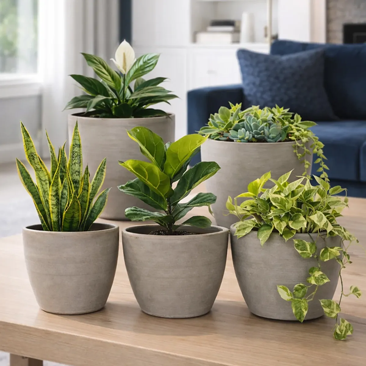 Five grey cylindrical planters arranged on a wooden table in a living room