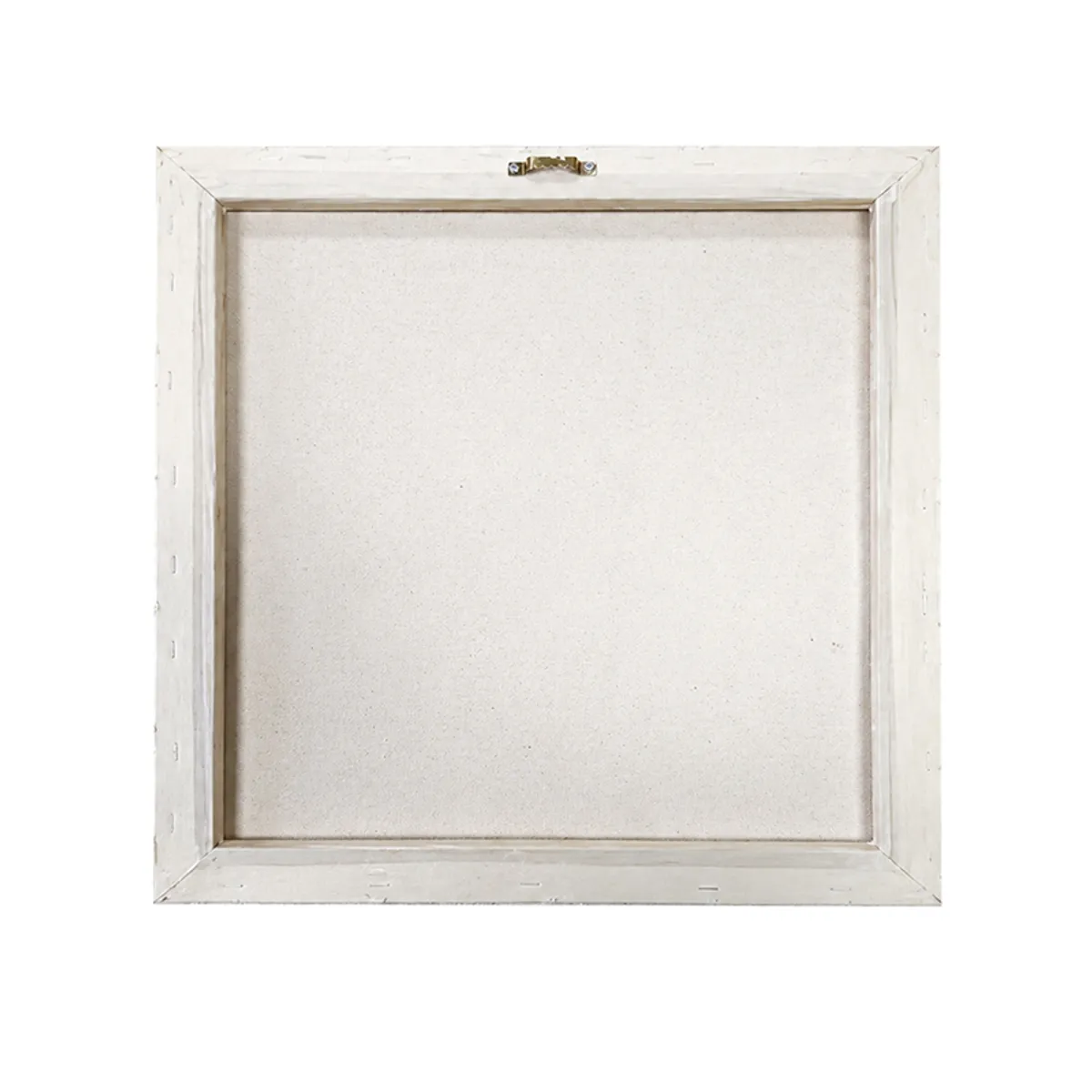 Back view of rectangular framed canvas wall painting with hanging hardware