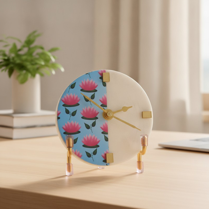 Azure Lotus Marble Table Clock With Stand