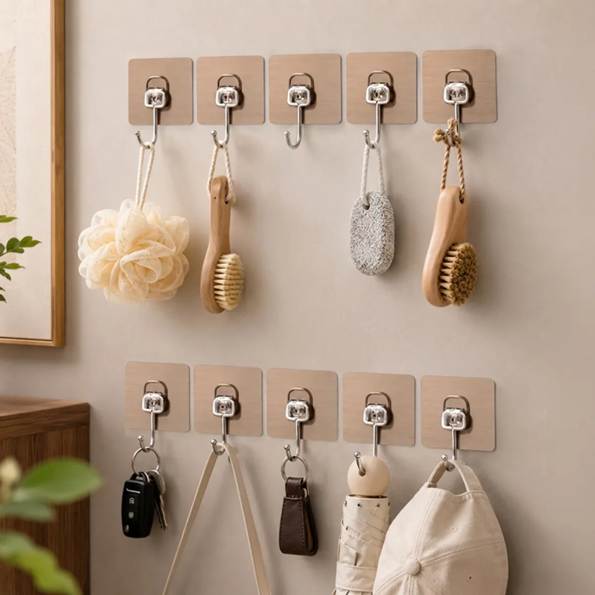 Ten beige square wall hooks arranged in two rows, holding bathroom accessories and everyday items.