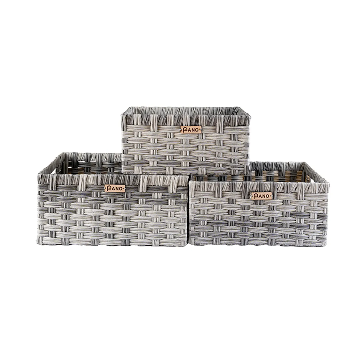 Set of three grey woven-look storage baskets in different sizes