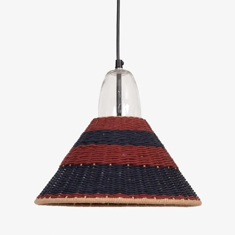 Front view of red and black striped cone-shaped ceiling lamp