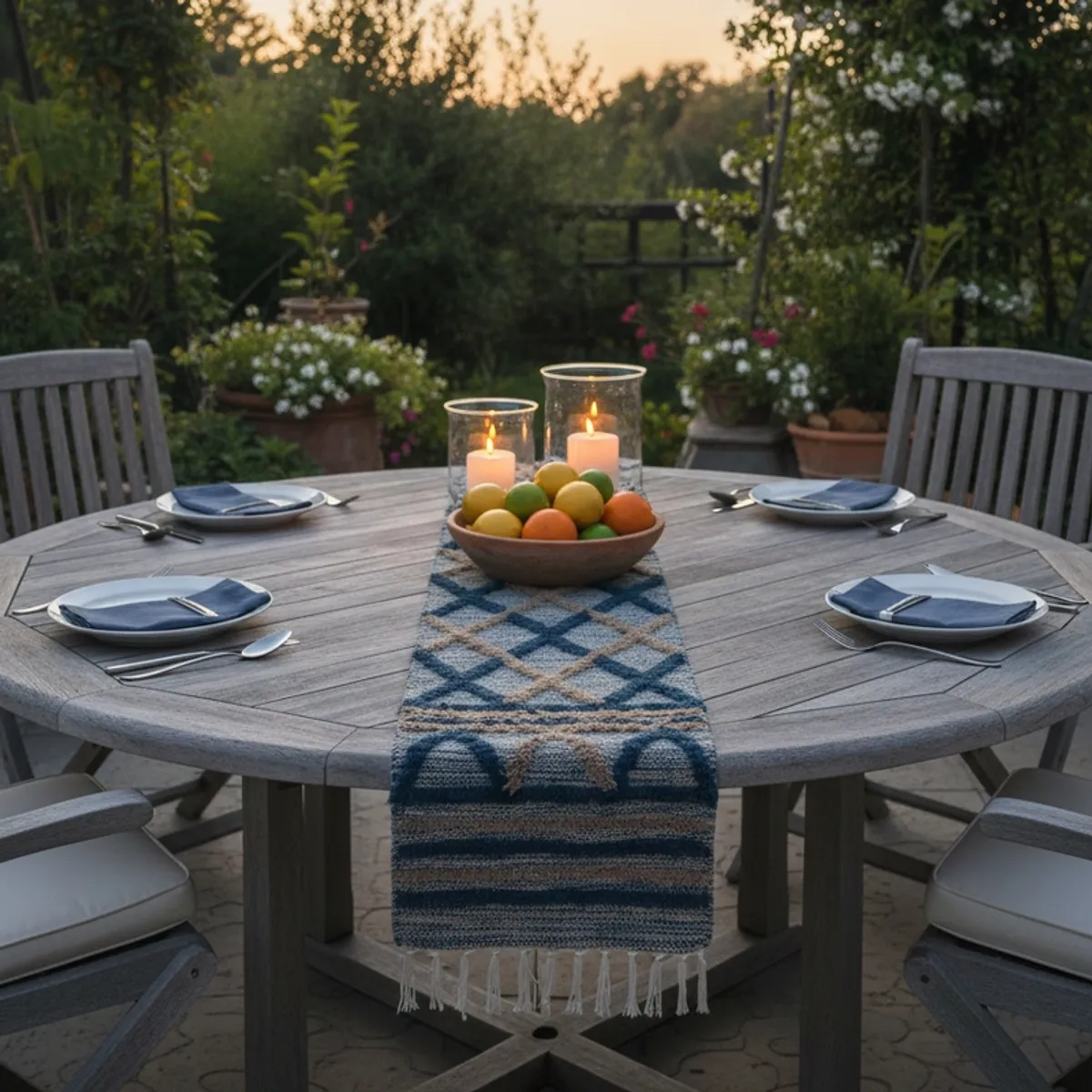 Blue geometric table runner centred on a round outdoor dining table