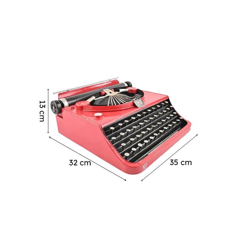 Angled view of the typewriter showpiece with dimensions marked