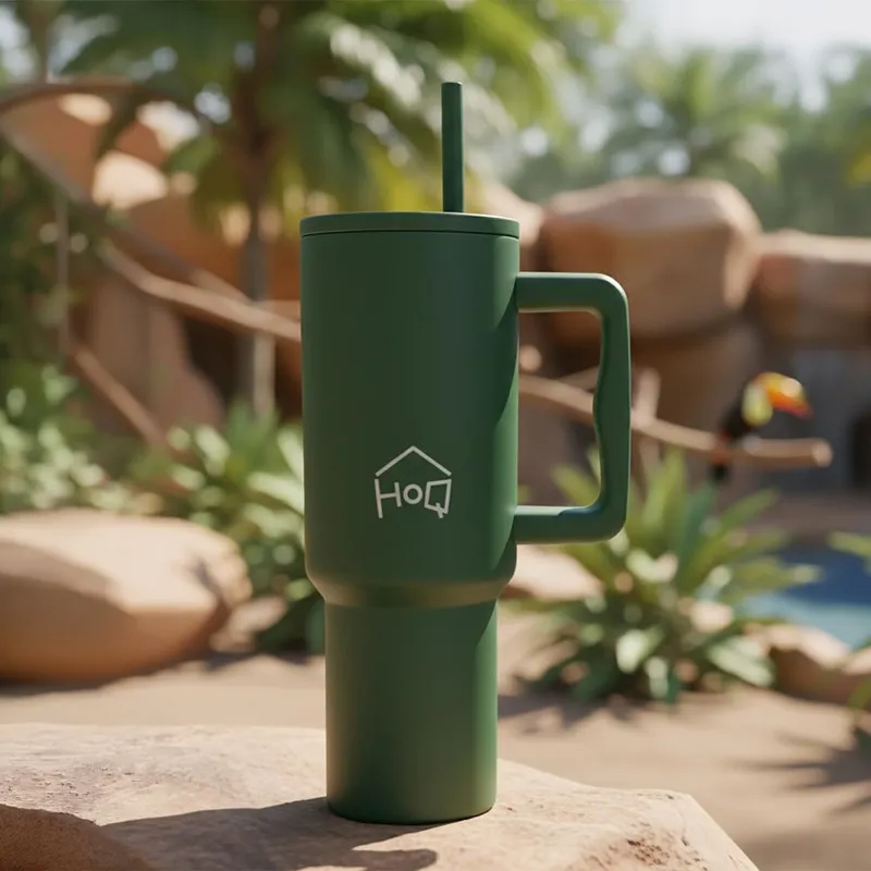 Dark green tumbler with straw and handle placed outdoors