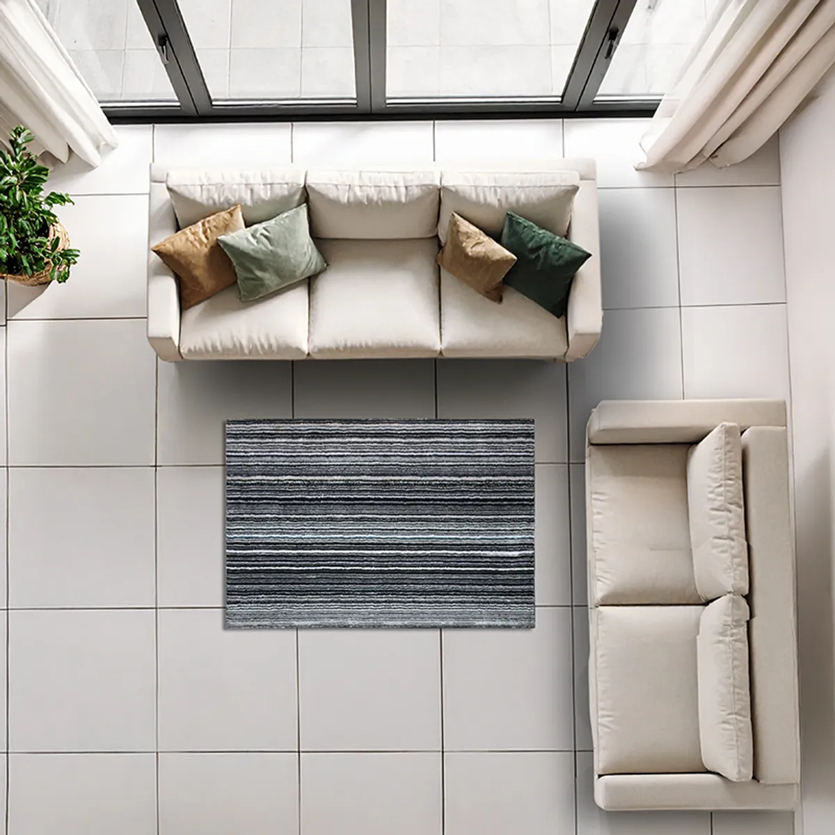 Grey striped carpet shown in a contemporary seating area from above