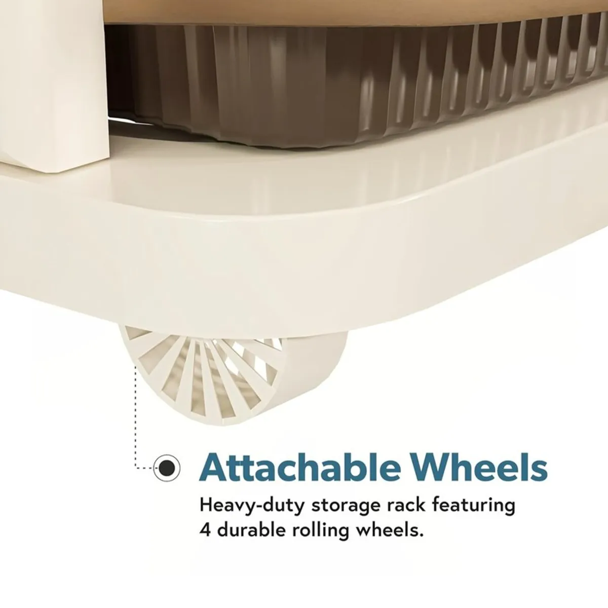 Close-up of a white rack base with an attached wheel
