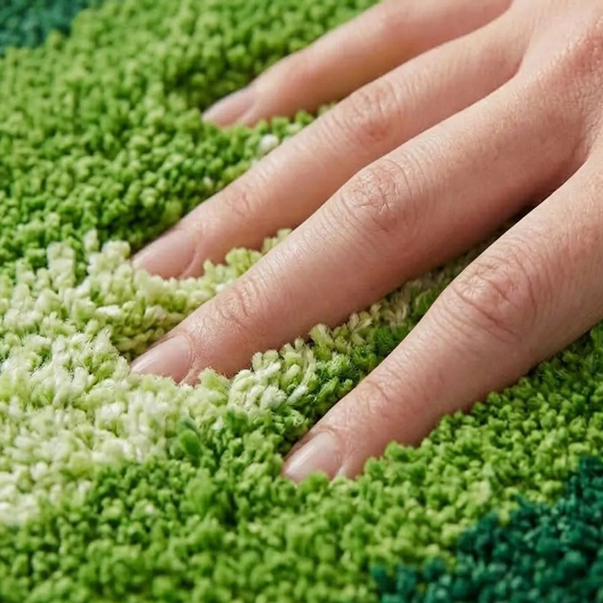Close-up of the rug's soft textured green and pale green pile