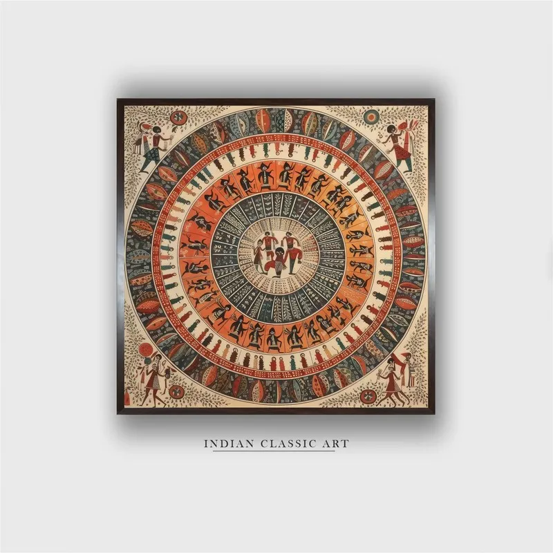 Front view of a square framed tribal mandala art canvas wall painting