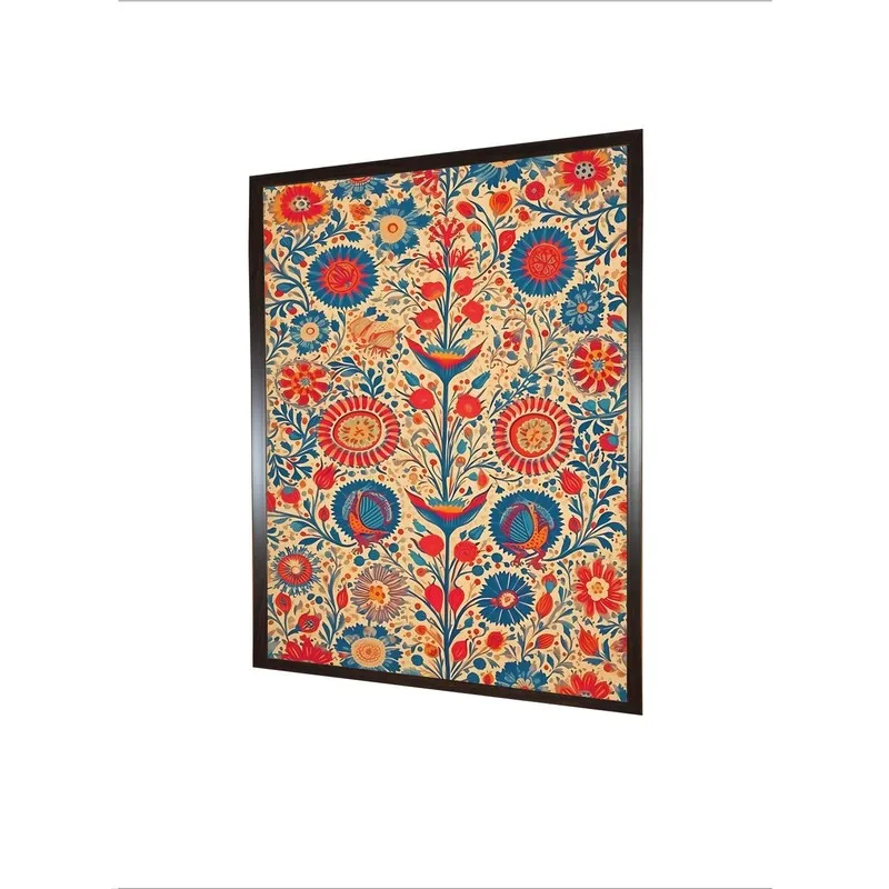 Angled view of rectangular framed floral tree canvas wall painting