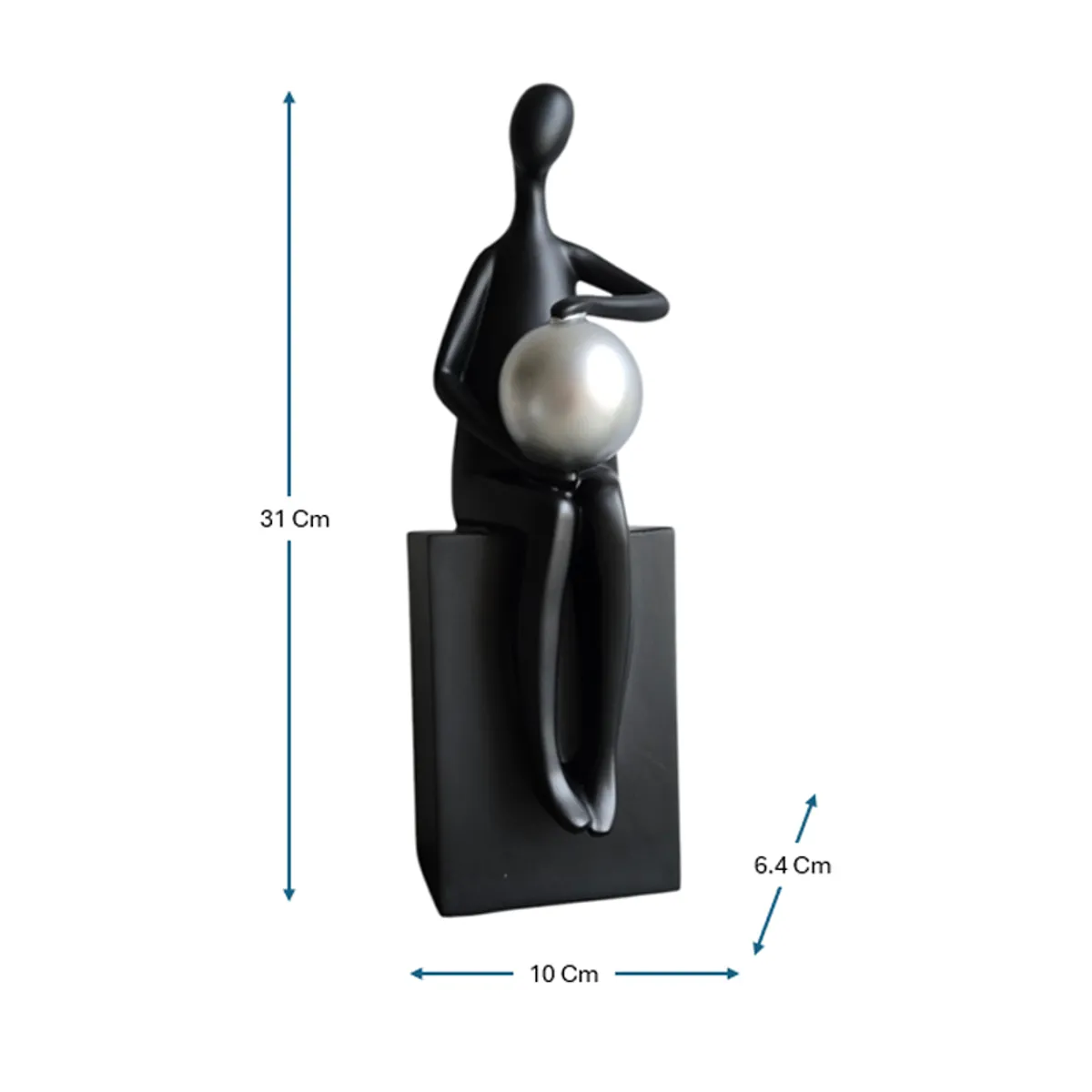 Black figurine with silver sphere shown with 31 cm height and base dimensions