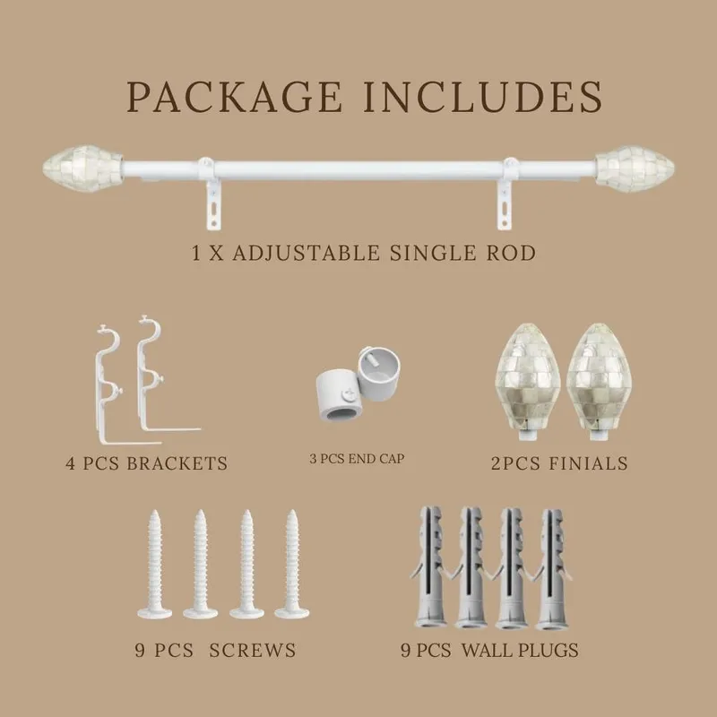 Ivory curtain rod set components arranged on a beige background