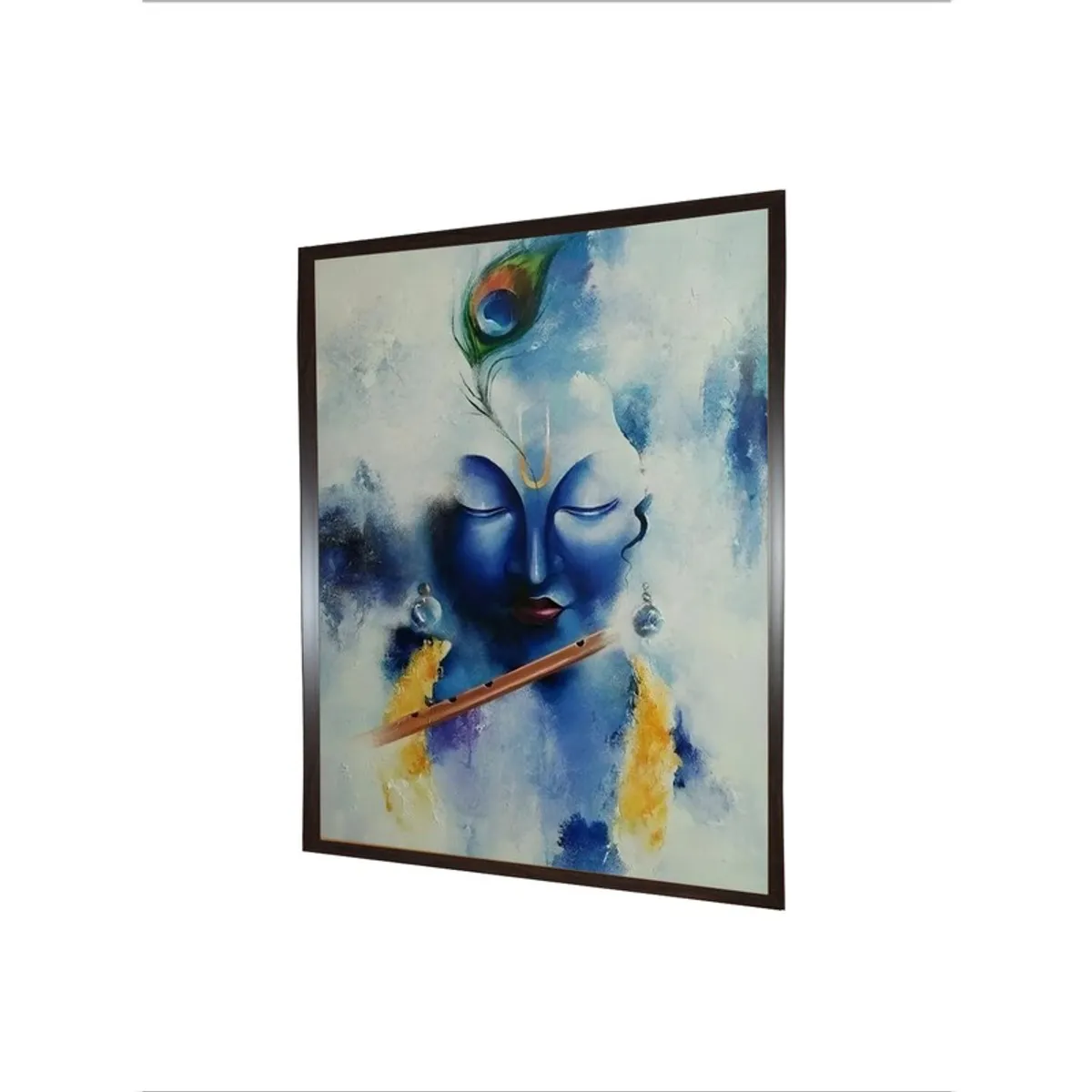 Angled view of rectangular framed Krishna portrait canvas wall painting