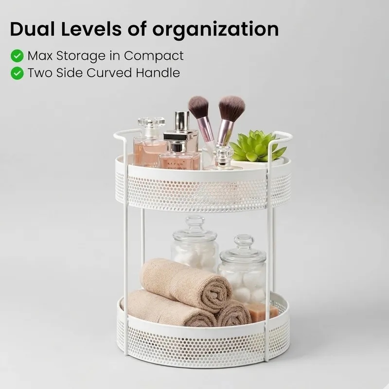 White two-tier organiser displaying cosmetics, jars and rolled towels
