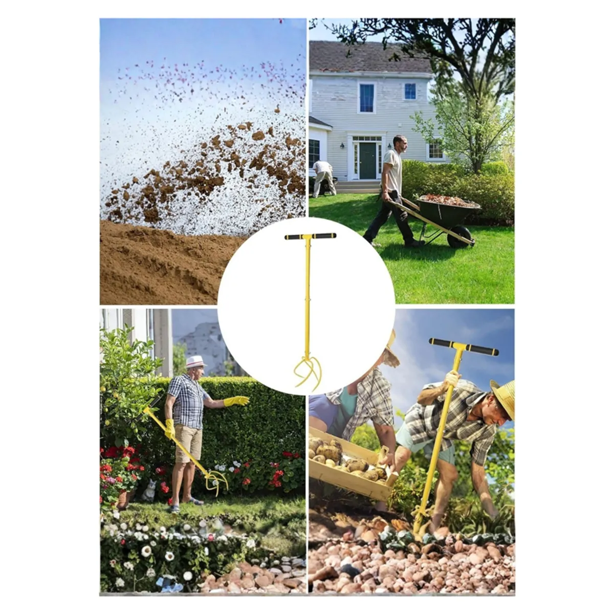 Yellow soil auger shown in garden-use scenes around plants and soil