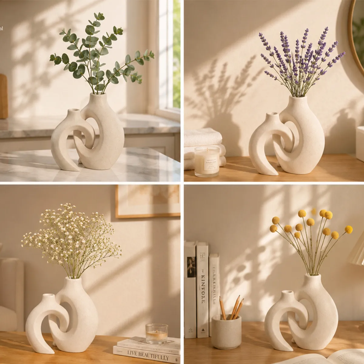 Collage showing the white knot vase styled with eucalyptus, lavender, baby's breath and yellow billy balls.