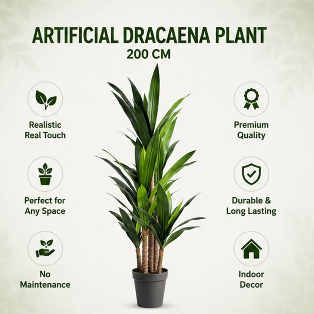 Tall artificial dracaena plant with green leaves and black pot on a plain background