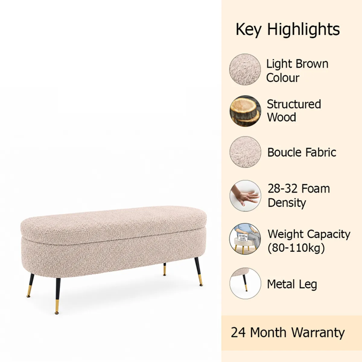 Angled front view of a beige bouclé bench with slim metal legs