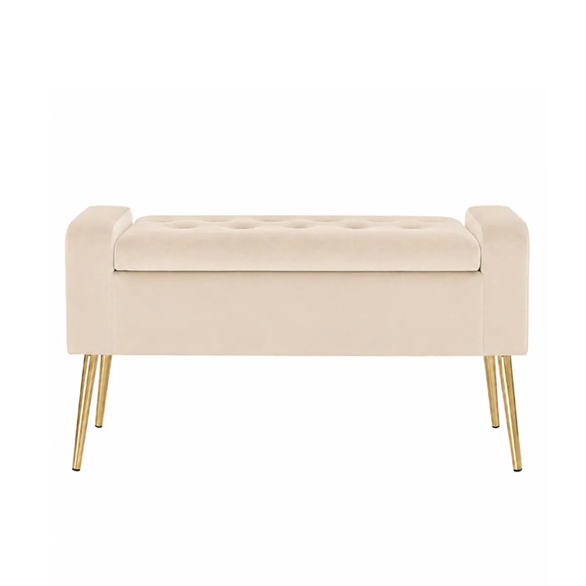 Front view of a beige upholstered bench with gold metal legs