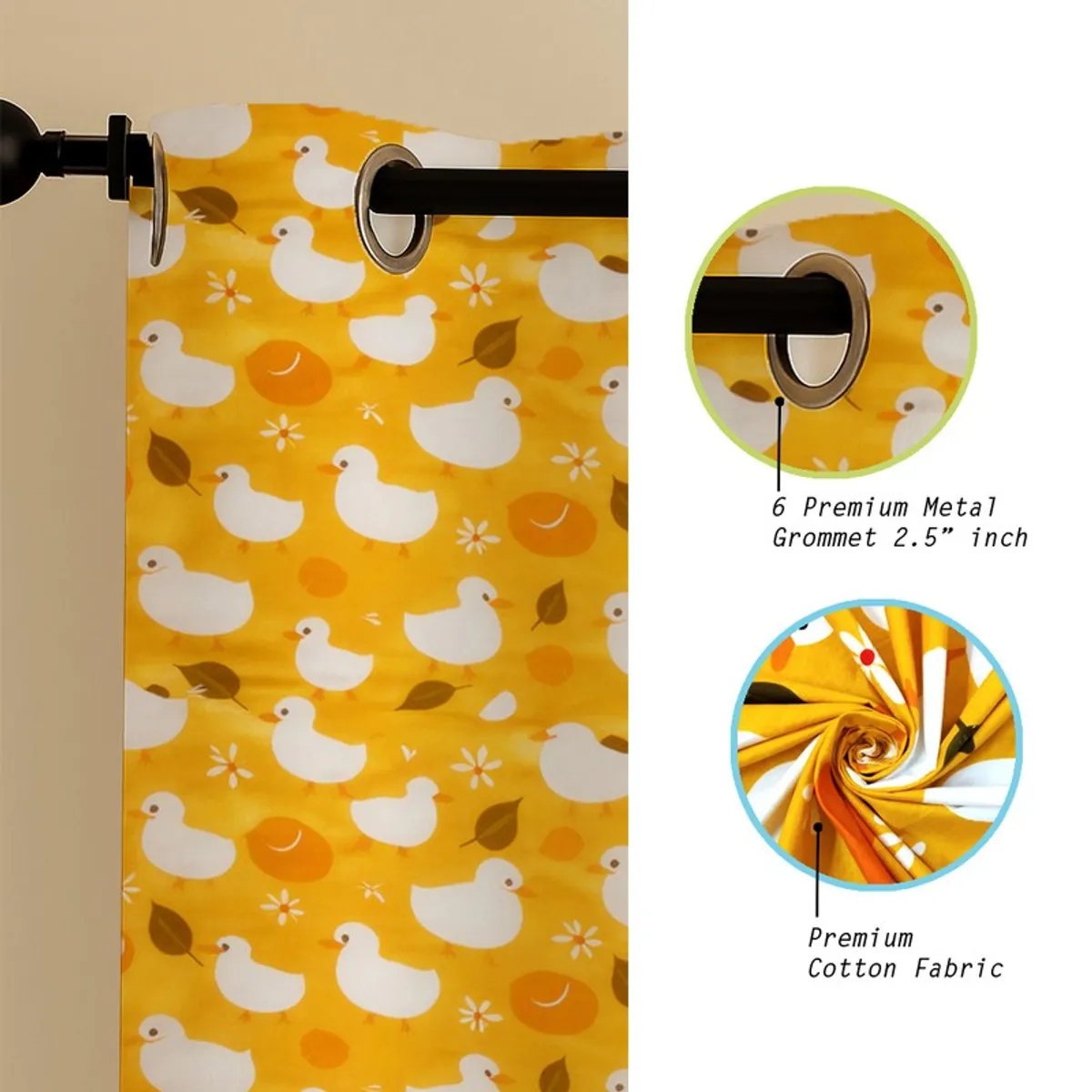 Yellow duck print curtain panel with eyelet top detail