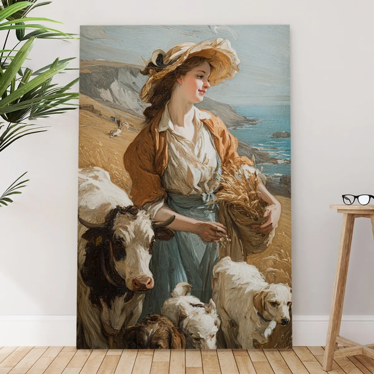 Large rectangular canvas art showing a woman with animals by the shore