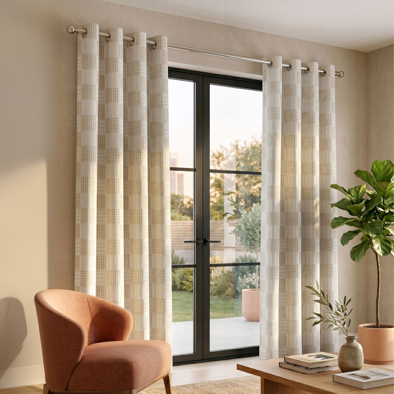 Meya Self Design Cotton Curtains (Beige) - Set of Two - Window - 5 Feet