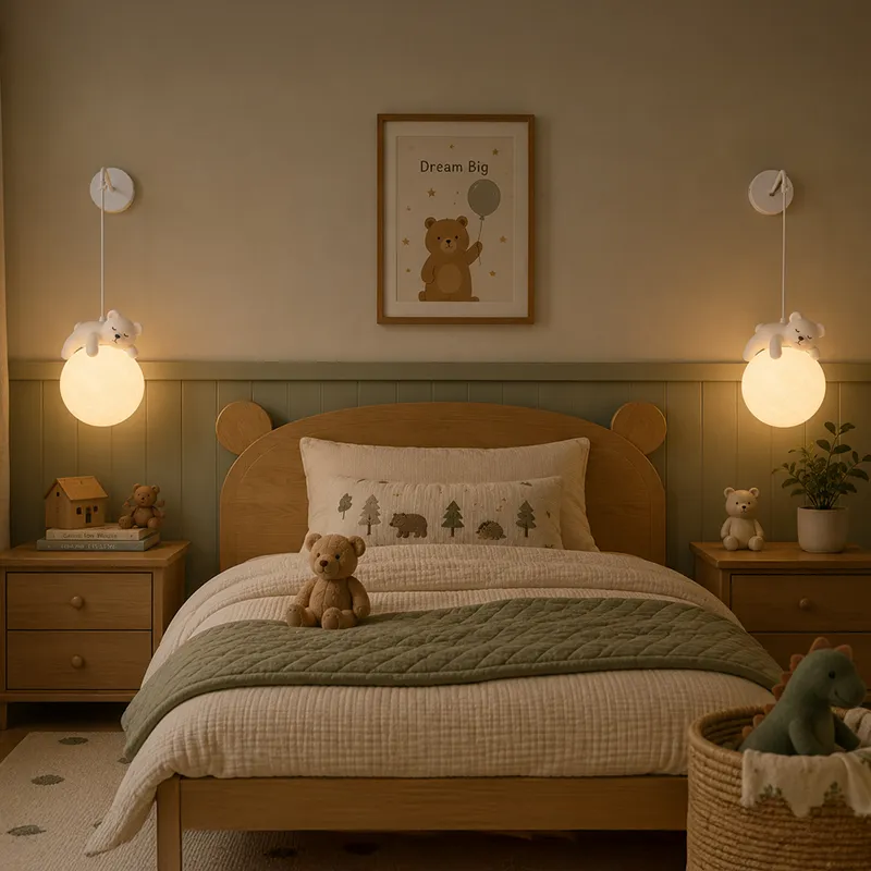 Pair of sleepy bear wall lamps styled on either side of a children's bed