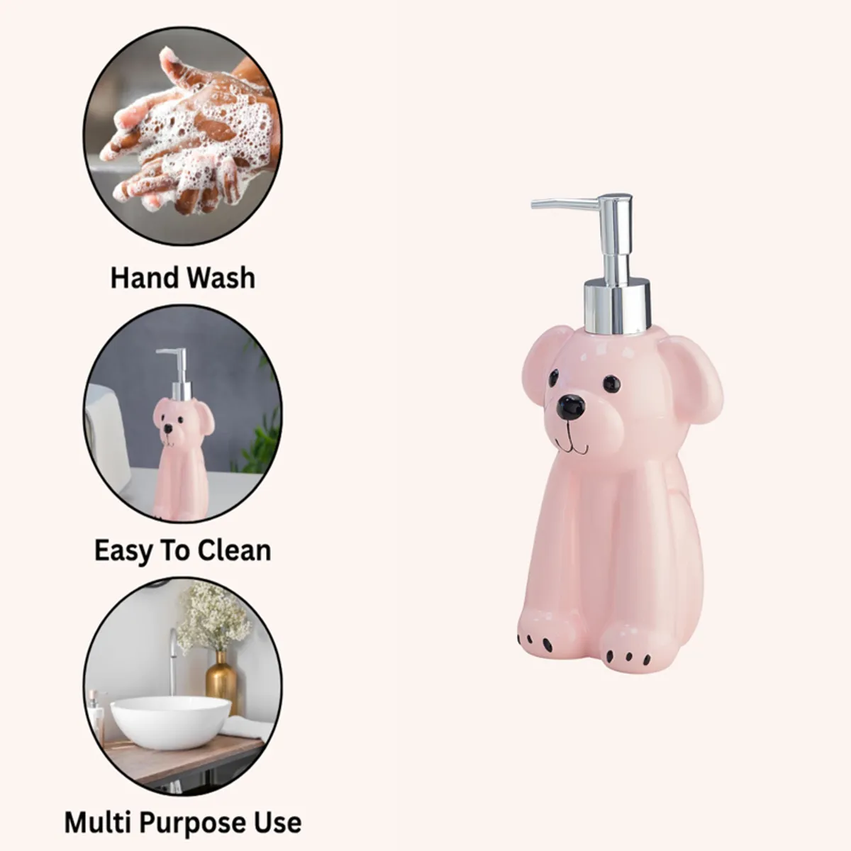 Pink dog-shaped liquid dispenser with silver pump and care feature collage