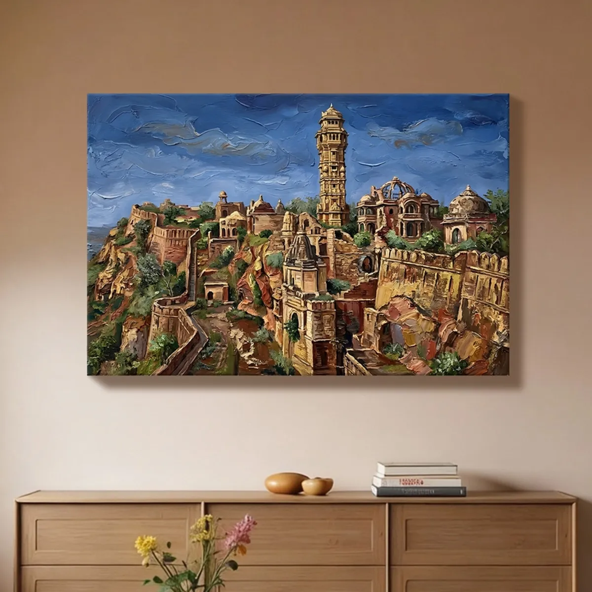 Textured fort landscape wall painting hung above a wooden sideboard