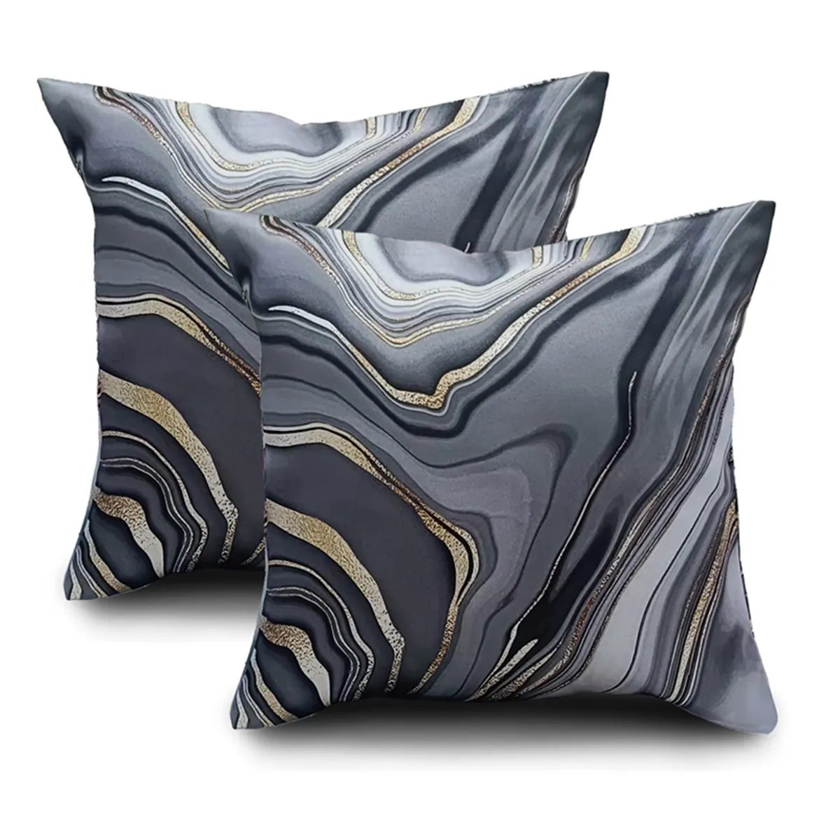 Two square black cushion covers displaying grey and gold abstract marbled patterns